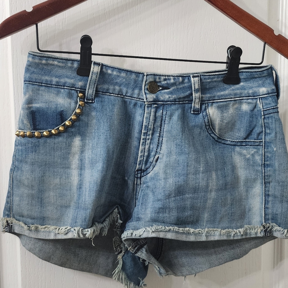 Blue Jean Shorts with Frayed Hem and Gold Studs GUESS